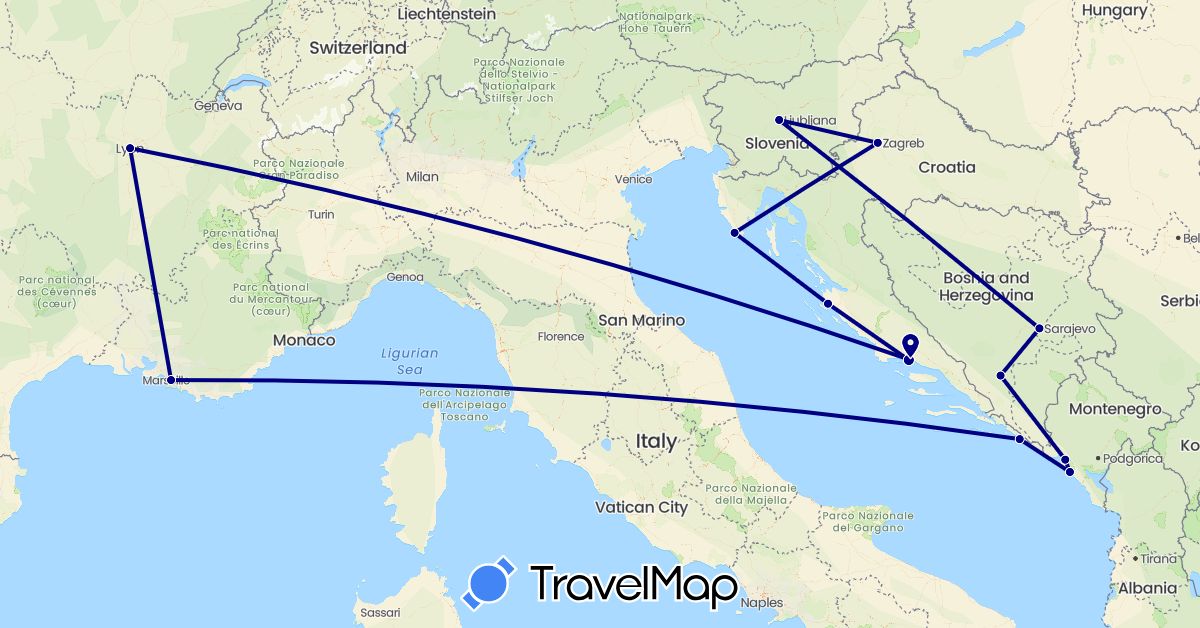 TravelMap itinerary: driving in Bosnia and Herzegovina, France, Croatia, Montenegro, Slovenia (Europe)